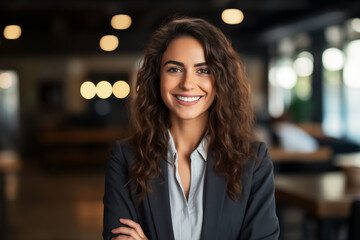 Smiling businesswoman at work. Woman in a suit at work. Women boss. - obrazy, fototapety, plakaty