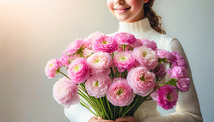 ピンクのラナンキュラスの花束を抱いた少女（春,愛,ピュア,ハピネス,贈り物などのイメージ）
