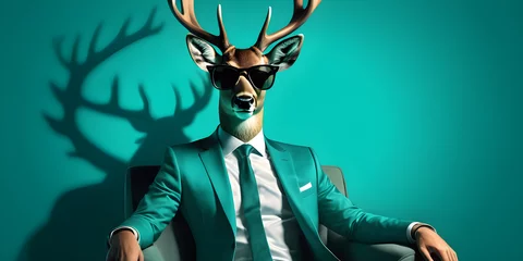 Zelfklevend Fotobehang Hipster Xmas Deer, boss-like in suit and shades, sitting regally, pastel teal green setting, a blend of festive and trendy © EA Studio