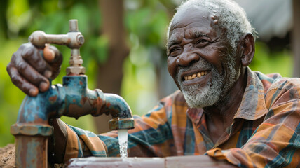 old african man drinking water from faucet
