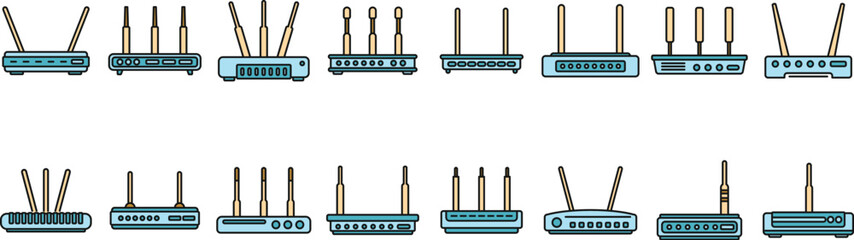 Modem icons set outline vector. Internet router. Lan port access color line isolated - obrazy, fototapety, plakaty