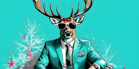 Fotobehang Hipster Xmas Deer, boss-like in suit and shades, sitting regally, pastel teal green setting, a blend of festive and trendy © EA Studio