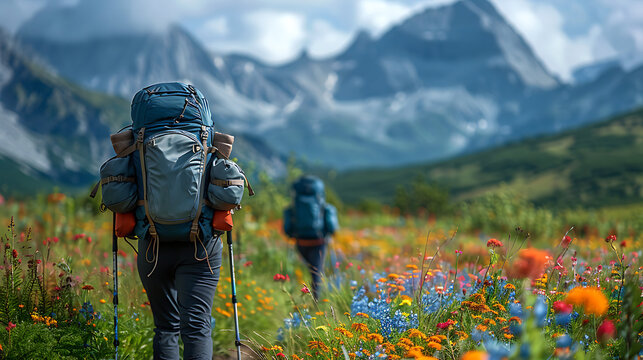 Man hiking when spring season with flowers in bloom AI Image Generative