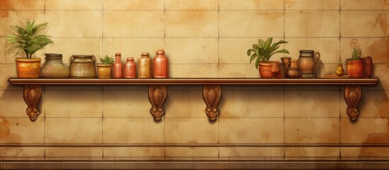 House wall with tiled background and shelf