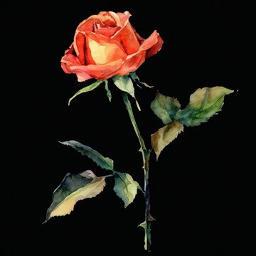 Watercolor, Single Red Rose Flower isolated on black background