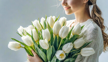 白いチューリップの花束を抱いて微笑む少女（春,愛,ピュア,ハピネス,贈り物などのイメージ）