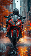 Motorcyclist Riding in Rainy Urban Setting