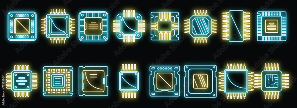 Aufkleber processor icons set outline vector. central computer card. electronic chip neon isolated