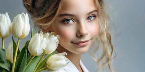 白いチューリップの花束を抱いて微笑む女性（春,愛,ピュア,ハピネス,贈り物などのイメージ）