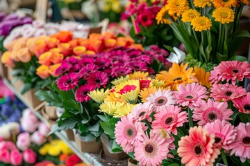 Colorful Assortment of Fresh Blooms at the Flower Market - Vibrant Gerberas, Tulips, and Seasonal Flora for Decor and Gifting