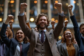 Radiant business success: colleagues in formal attire rejoice, fists raised in triumph.