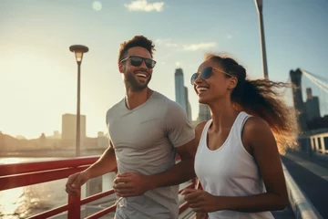 Tuinposter Couple jogging in city, sunset, skyline backdrop. © Archil