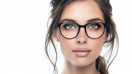 Obraz premium Close-up portrait of a woman with striking green eyes behind fashionable circular glasses.