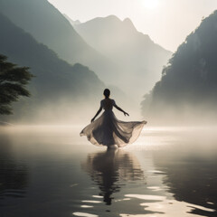 light painting photo ballet dancer dancing on the lake