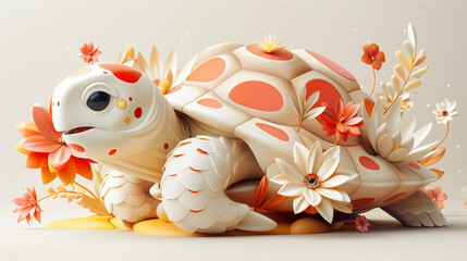 Playful, stylized turtle with autumn foliage in a warm, inviting color palette