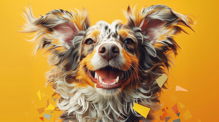 Joyful dog with dynamic fur on yellow background
