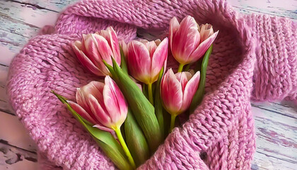 ピンクのマフラーに包まれたチューリップ（早春,春の訪れ,愛,ハピネスのイメージ）