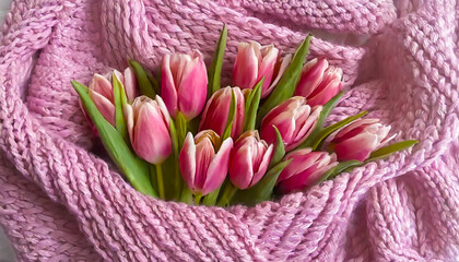 ピンクのマフラーに包まれたチューリップ（早春,春の訪れ,愛,ハピネスのイメージ）