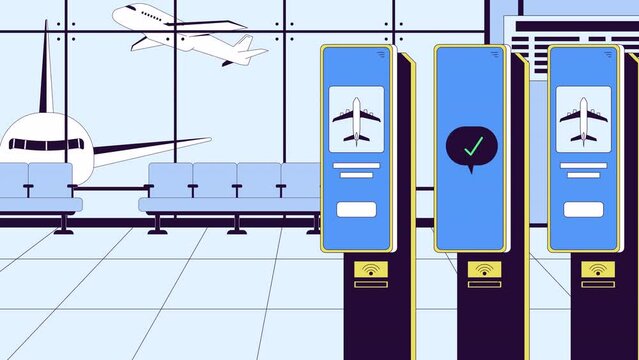 Check in airport terminal plane line cartoon animation. Departure waiting lounge no people 4K video motion graphic. Self service machine for tickets 2D linear animated scene on colorful background