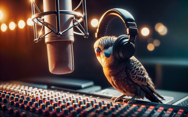 Bird Speaks into High-End Microphone in Professional Studio Setting".