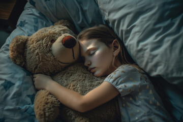 Mädchen schläft mit großem Teddy im Arm - obrazy, fototapety, plakaty