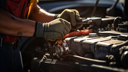 A mechanic's hands with a wrench in close-up