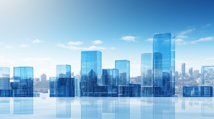 Modern blue cityscape made of clear glass on a blue sky background