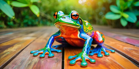 The frog is sitting on a wooden floor, with a blurred bush background. - Powered by Adobe