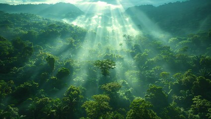 Amazonian rainforest canopy teeming with life, highlighting biodiversity and the urgency of habitat preservation - obrazy, fototapety, plakaty