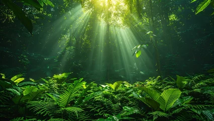 Zelfklevend Fotobehang Groen Amazonian rainforest canopy teeming with life, highlighting biodiversity and the urgency of habitat preservation