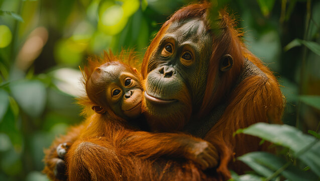 Endangered species sanctuary, a poignant scene of a mother orangutan with her baby, emphasizing conservation efforts