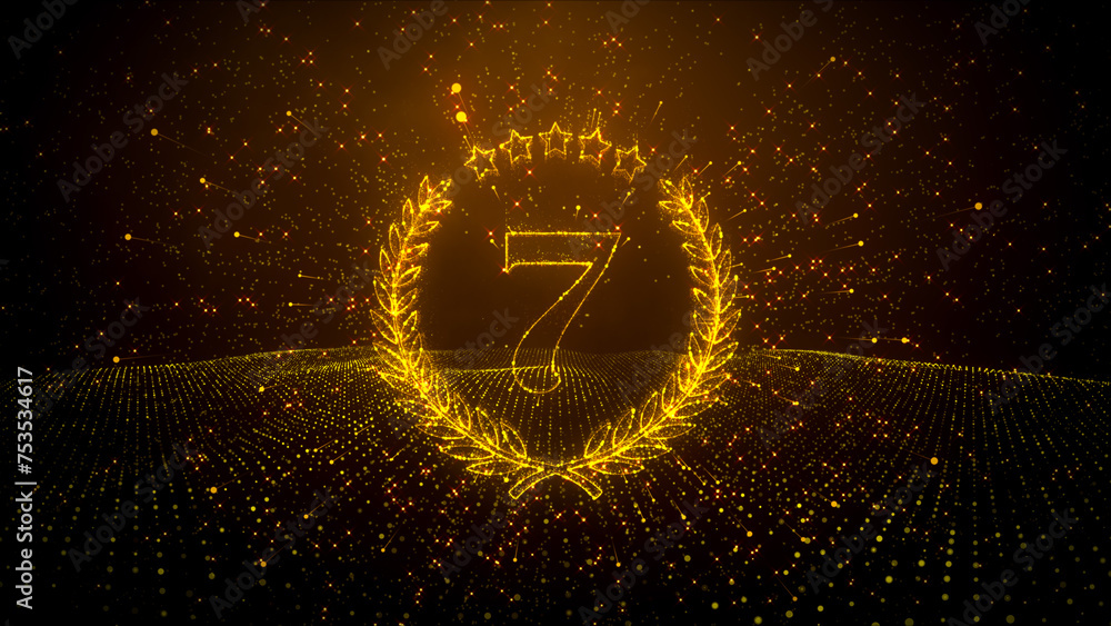 Poster abstract golden shiny number 7 laurel wreath label dotted lines wireframe particle space with wavy d