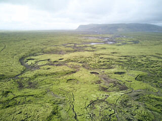 Volcanic green moss lava field and black mountain from above