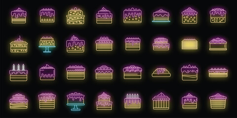 Cake icons set outline vector. Cream dessert. Bakery party neon isolated