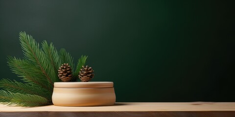 Empty wooden stand studio with green spruce branches and cone on green background for showcasing beauty cosmetic products.