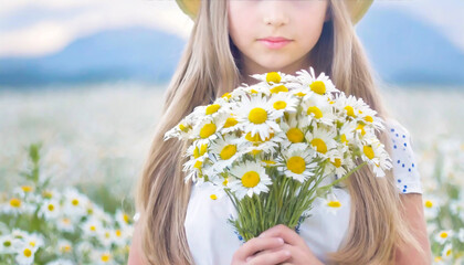 day’s eye_初夏の花畑で白いデイジーの花束を抱いた少女（花言葉は無邪気,純潔,平和,希望のイメージ）