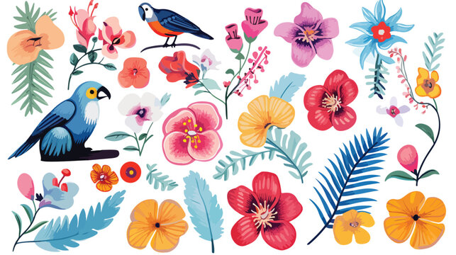 Tropical flowers and cute animals design freehand