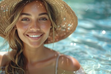 A sexy and slim woman in a straw hat enjoys a relaxing vacation by the pool, embodying health and happiness. - obrazy, fototapety, plakaty