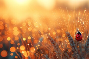 A golden field of barley at sunset, with ladybugs on stems, depicting the beauty of agricultural landscape.
