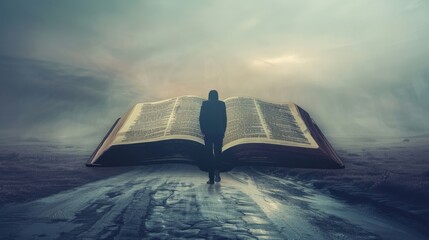 Silhouette of a person walking towards a giant open Bible in the distance - obrazy, fototapety, plakaty