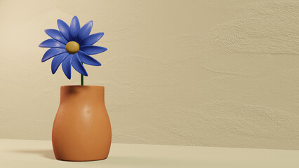 Blue flower in vase. Clay material style