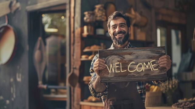 A grocery store owner holding a "welcome" sign.