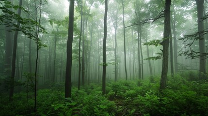 Misty forest morning, serene and mysterious.