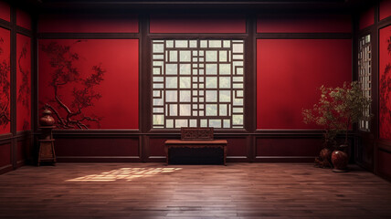 empty classic red chinese room - obrazy, fototapety, plakaty