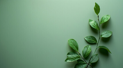 Fresh sprig of green leaves on green color background, copy space. 