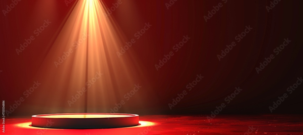 Poster red podium on stage with spotlight for product display in abstract studio scene with wall and floor