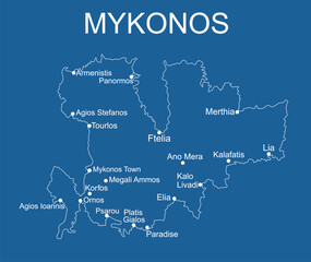 Greece island Mykonos map vector line contour silhouette illustration isolated on blue background. - obrazy, fototapety, plakaty