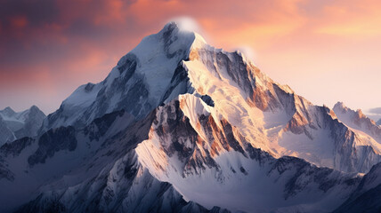 mountain peak covered with snow in the morning - obrazy, fototapety, plakaty