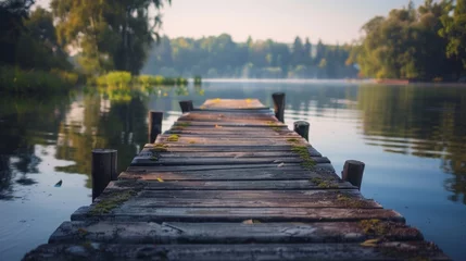Foto op Canvas Old wooden jetty on tranquil lake, peaceful and rustic. © furyon