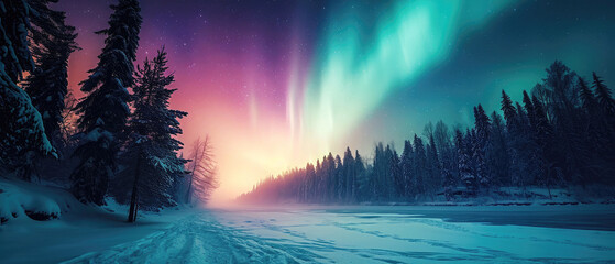 landscape snow winter Northern lights in the forest 
light Aurora Borealis. Forest Horizon at night. background banner